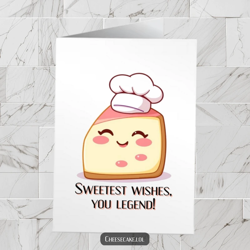 Funny Free Printable Birthday Card: Cheerful cheesecake slice wearing chef hat winks playfully.