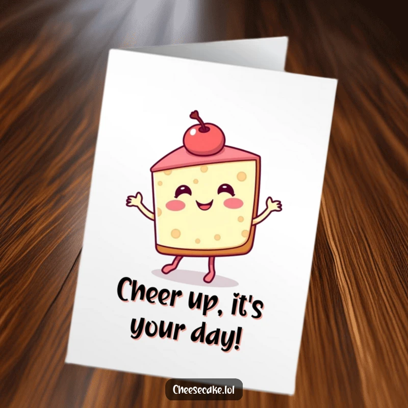 Funny Free Printable Birthday Card: Smiling cheesecake slice with a cherry on top doing a happy jig, celebrating a birthday.
