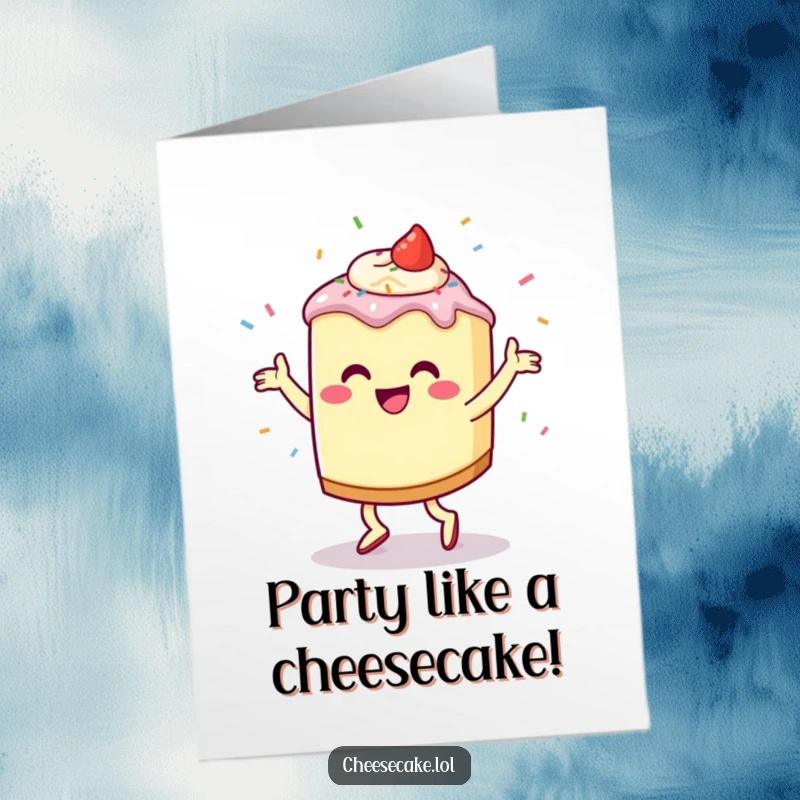 Funny Free Printable Birthday Card: A happy cheesecake character dances joyfully, showering sprinkles for a festive greeting.