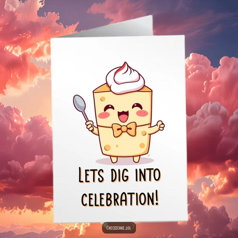 Funny Free Printable Birthday Card: Dapper cheesecake character wearing a bow tie, excitedly holding a tiny spoon, ready for birthday cake.