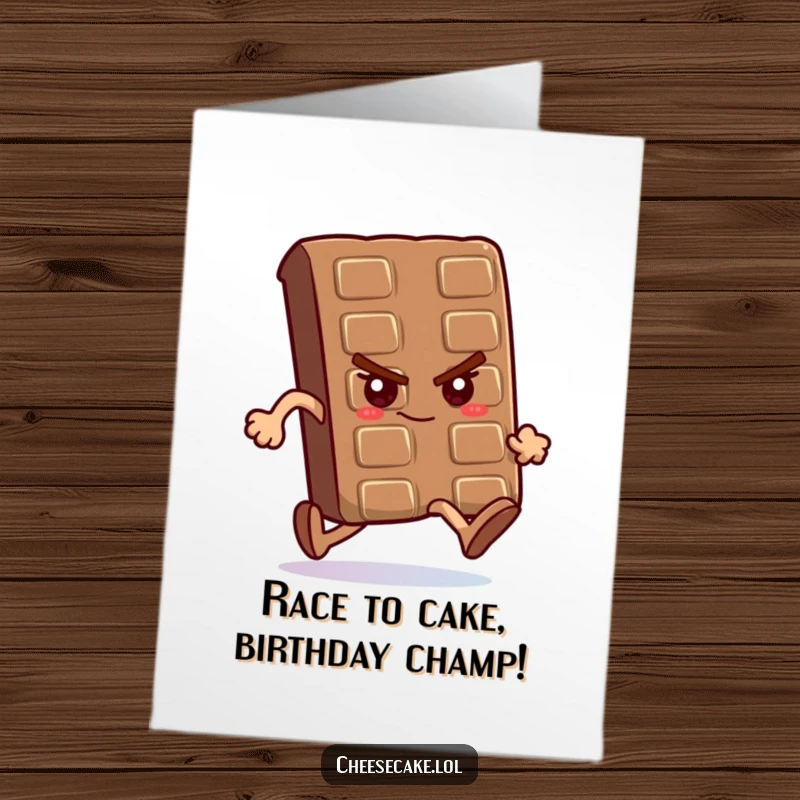 Funny Free Printable Birthday Card: Determined chocolate bar in a race, with a focused expression, celebrating.