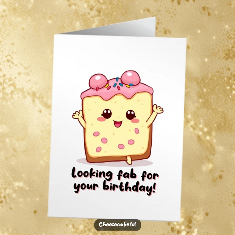 Funny free printable birthday card featuring a charming, sprinkle-covered cheesecake slice striking a fabulous and dramatic pose.
