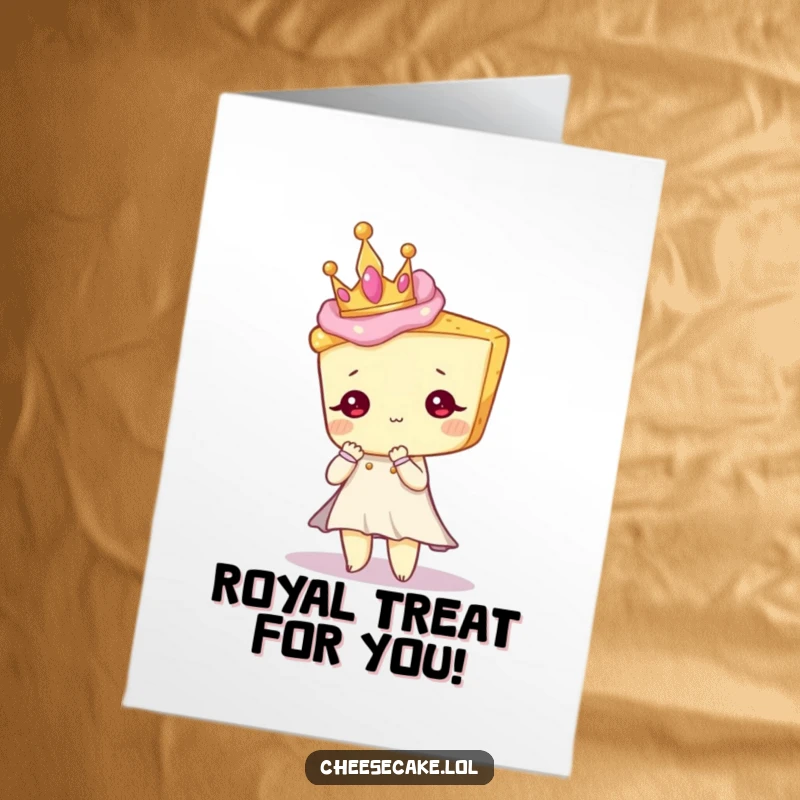 Funny Free Printable Birthday Card: Elegant cheesecake character adorned with a tiny crown, posing regally for a sophisticated, humorous greeting.