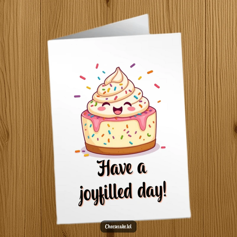 Funny Free Printable Birthday Card: A cheerful cheesecake happily juggling a cascade of colorful sprinkles.
