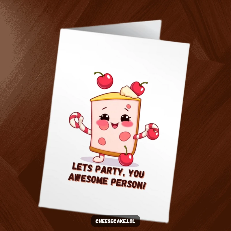 Funny Free Printable Birthday Card: Smiling cheesecake slice juggles cherries with candy cane arms.