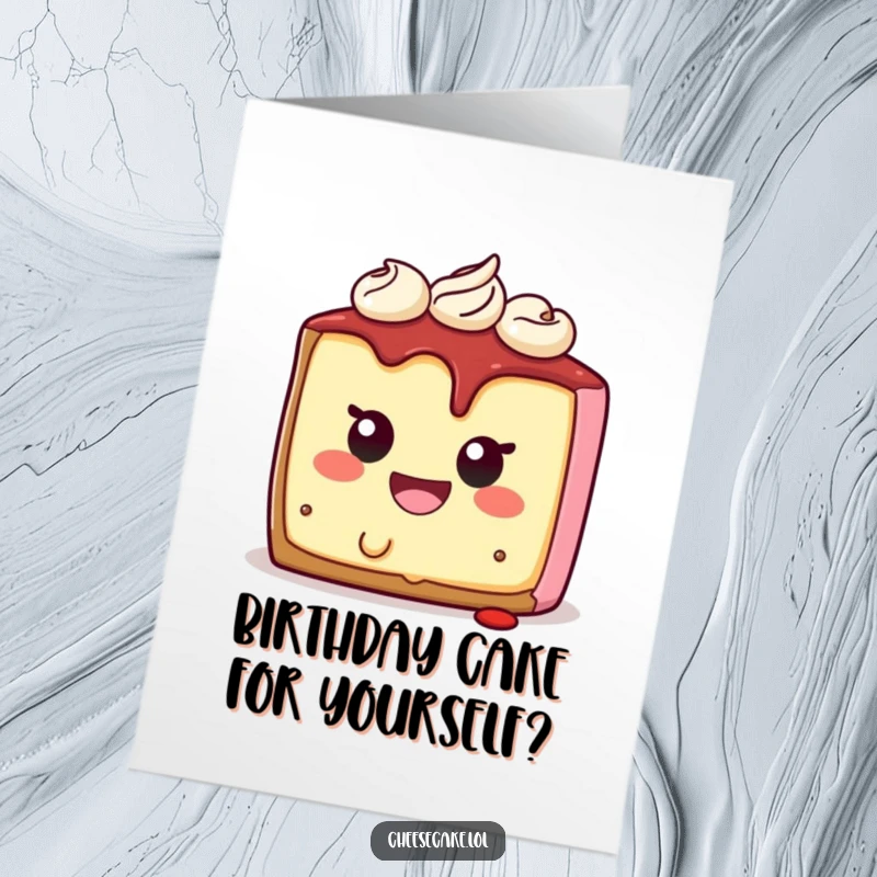 Funny Free Printable Birthday Card: A smiling cheesecake character playfully taking a bite from its own side.