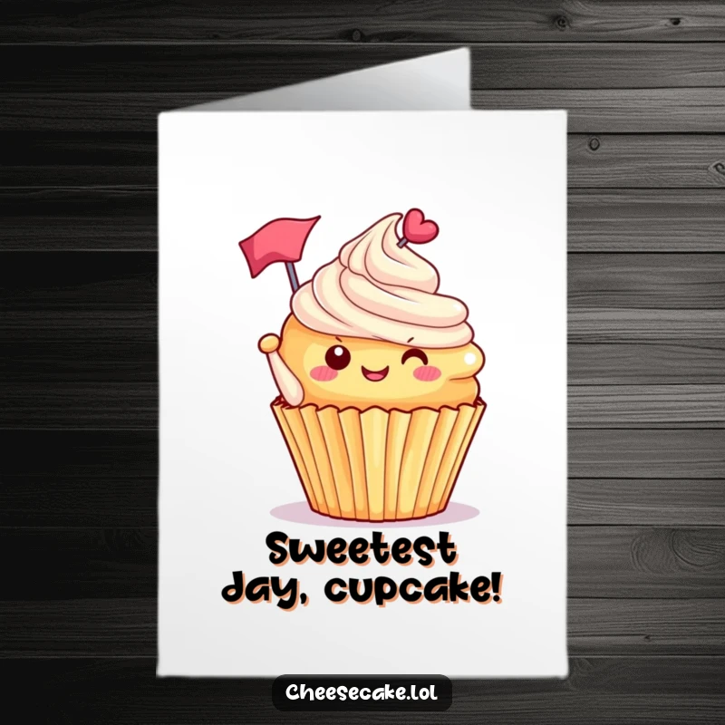 Funny Free Printable Birthday Card: A happy cupcake with tipped frosting waves a tiny flag, celebrating a sweet birthday.