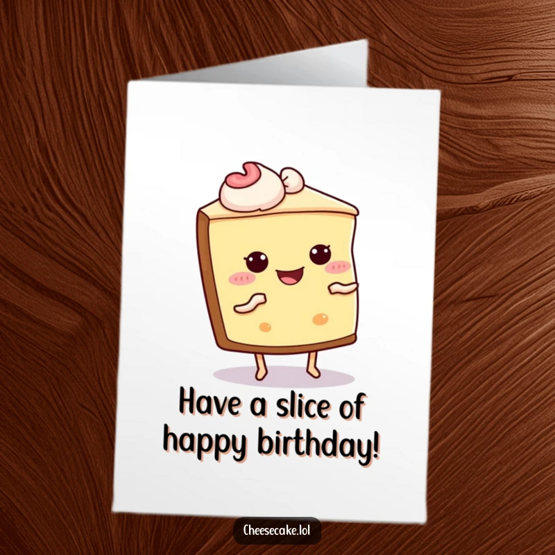 Funny Free Printable Cheesecake Birthday Card: A slice of cheesecake with legs and eyes enthusiastically shimmying with joy.