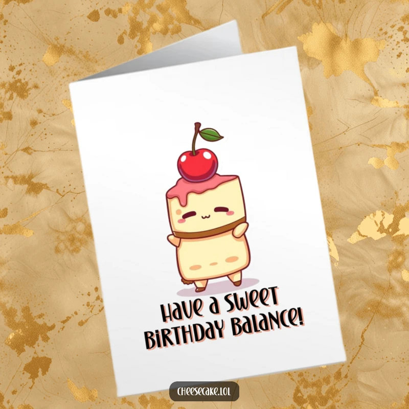 Funny Free Printable Birthday Card of a cheesecake character concentrating hard to balance a cherry on its head. A delicate moment.