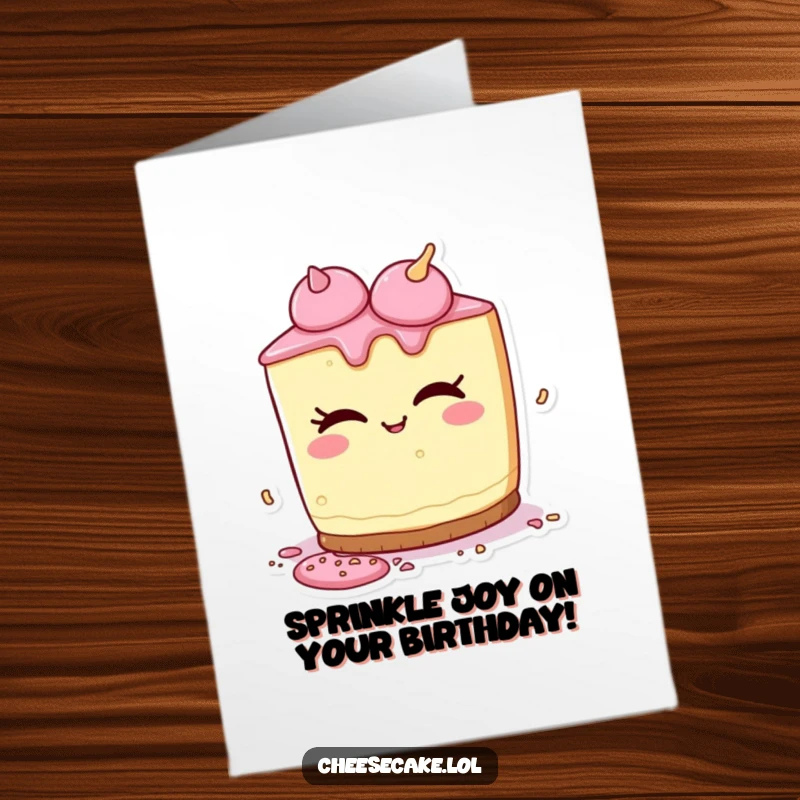 Funny Free Printable Birthday Card of a cheesecake character winking as it playfully spills a few colorful sprinkles. Mischievous celebration.