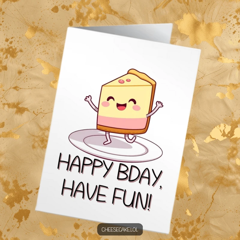 Funny Free Printable Birthday Card: Grinning cheesecake slice with legs happily dances on a plate.