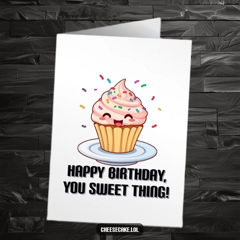 Funny Free Printable Cupcake Birthday Card: A cupcake with colorful sprinkles spinning rapidly in excitement.