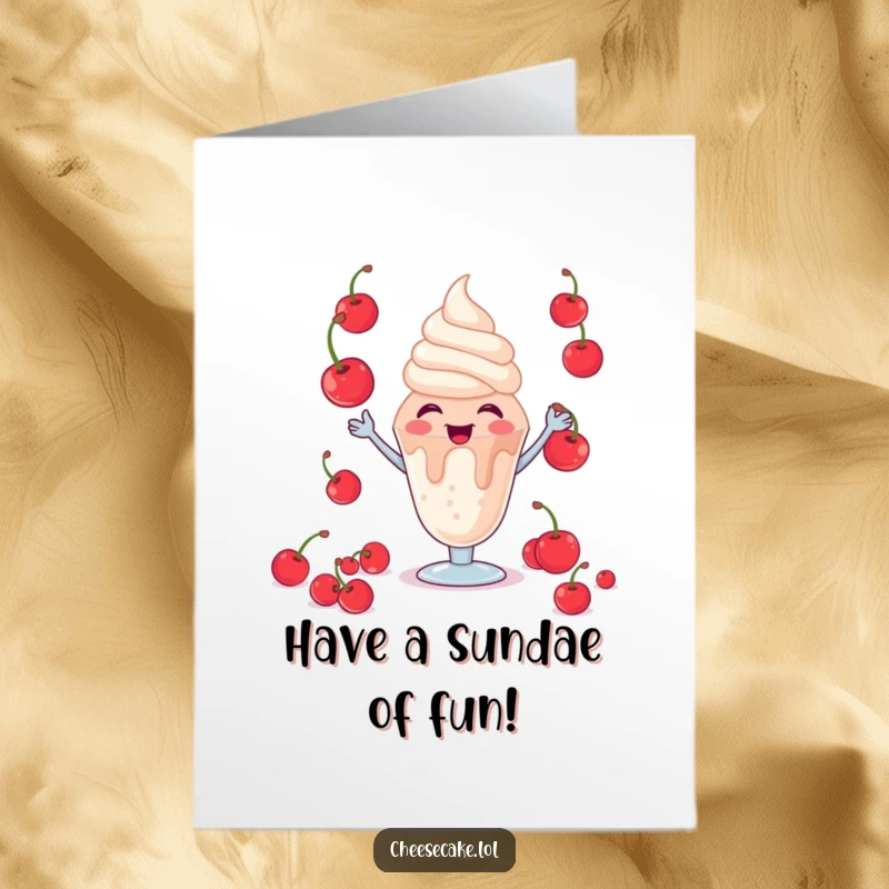 Funny Free Printable Giggling Sundae Birthday Card, Dessert Character Juggling Cherries, Happy Celebration