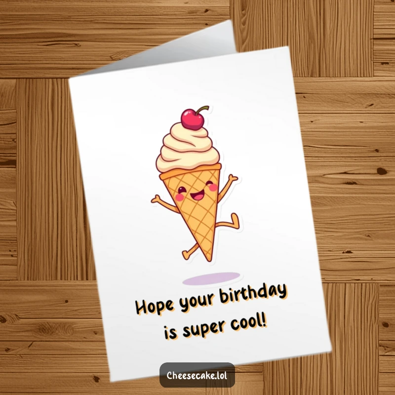 Funny Free Printable Birthday Card: A smiling ice cream cone with a cherry on top doing a cartwheel happily.