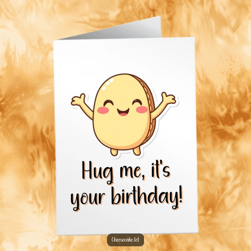 Funny Free Printable birthday card featuring a cheerful macaron character offering a big, warm hug. A delightful DIY greeting.
