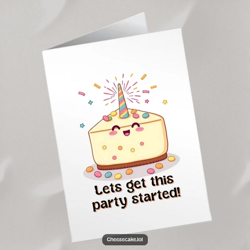 Funny Free Printable Birthday Card: A cheesecake slice is showered in candy from a bursting party popper, pure birthday bliss.