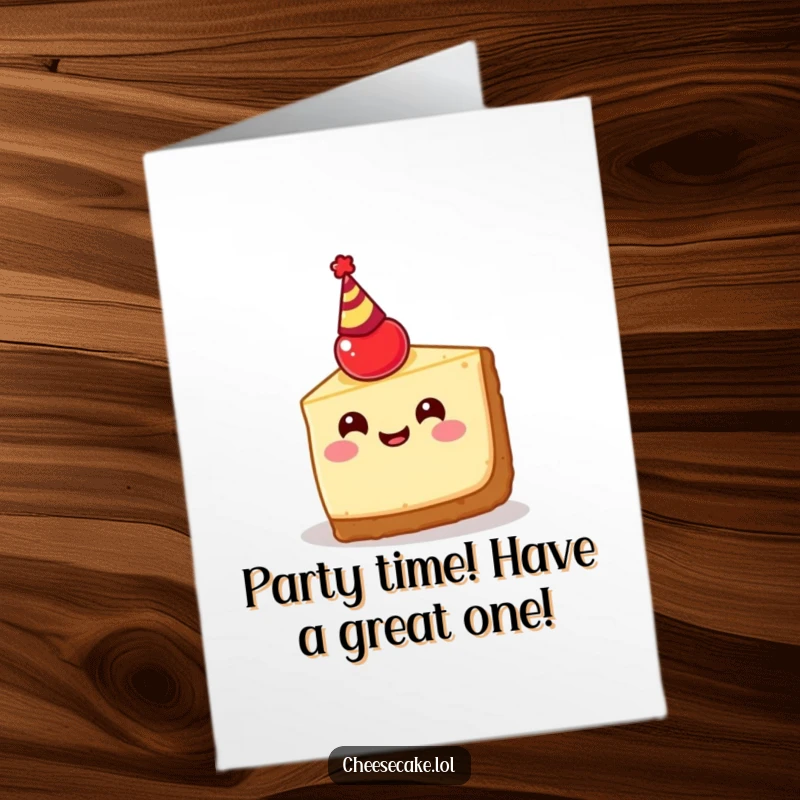 Funny free printable birthday card of a jubilant cheesecake slice crowned with a cherry head and sporting a tiny party hat.
