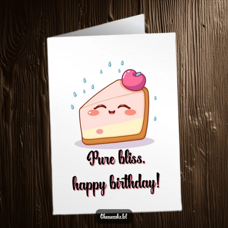 Funny Free Printable Birthday Card: A happy cheesecake slice closes its eyes, blissfully enjoying a delightful sprinkle shower.