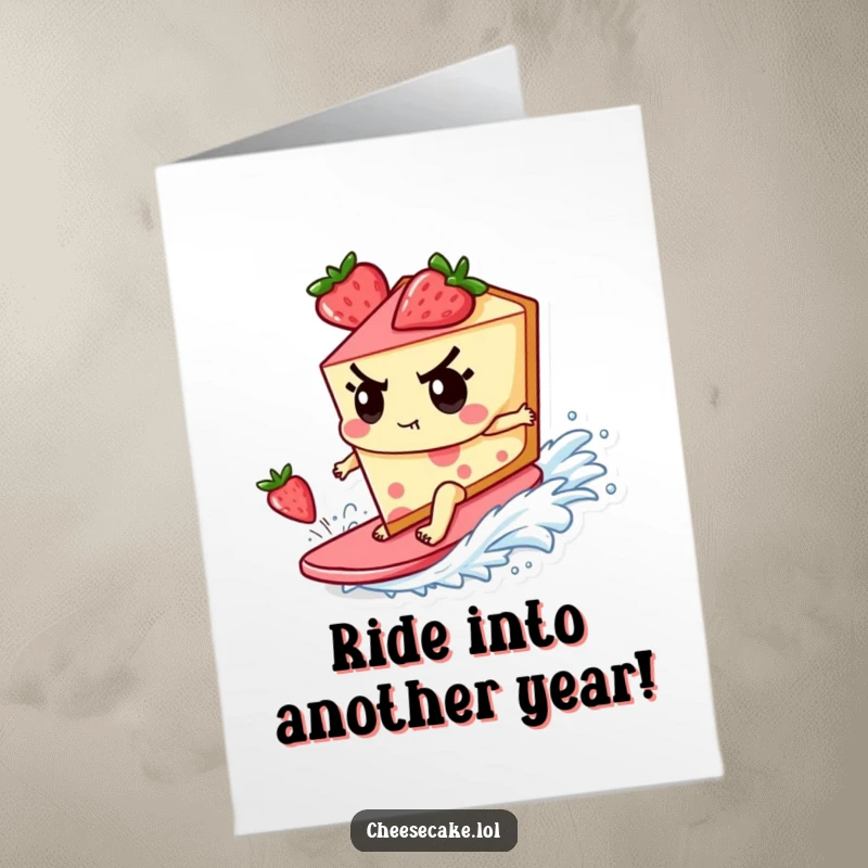 Funny Free Printable Birthday Card: Cheesecake character determinedly surfing a giant strawberry wave, ready for a wild ride.