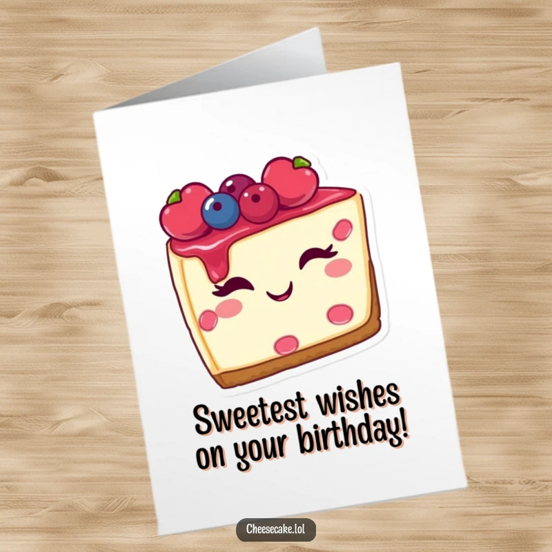 Funny Free Printable Birthday Card: A smiling slice of cheesecake with juicy berries gives a playful wink.