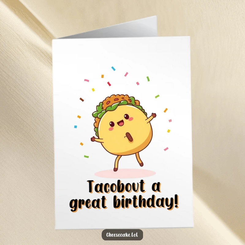 Funny Free Printable Birthday Card: Cute taco with legs doing a cartwheel as confetti rains down, celebrating a birthday bash.