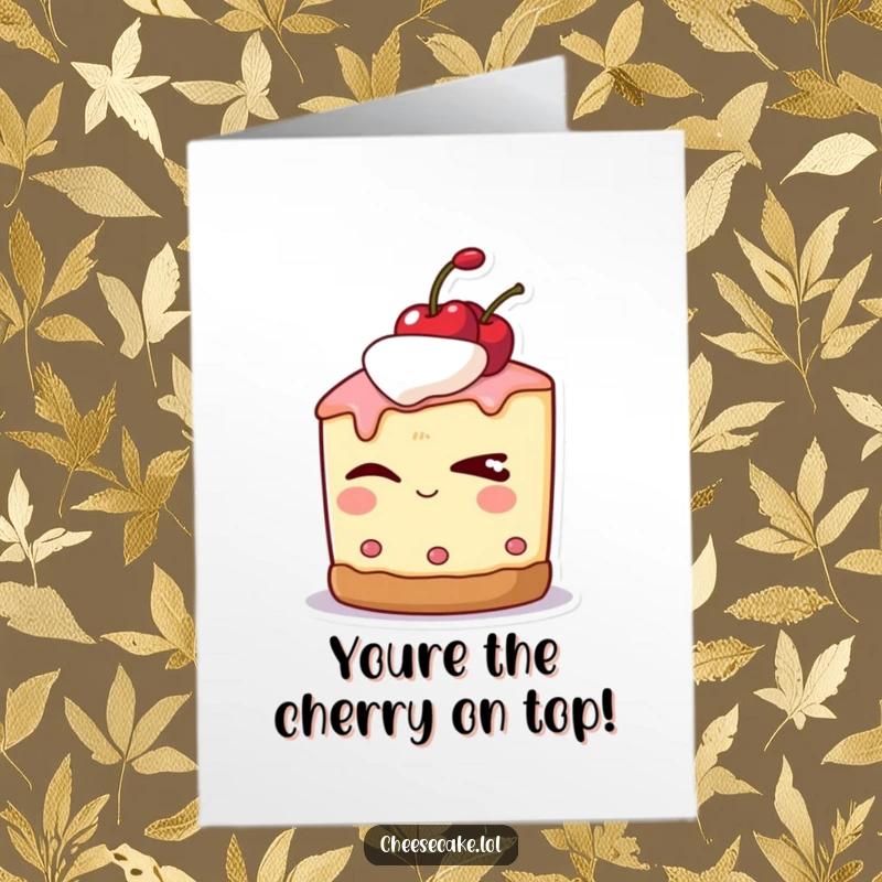 Funny Free Printable Birthday Card: Cheesecake character with a cherry on top, winking slyly, offering a cheeky birthday greeting.