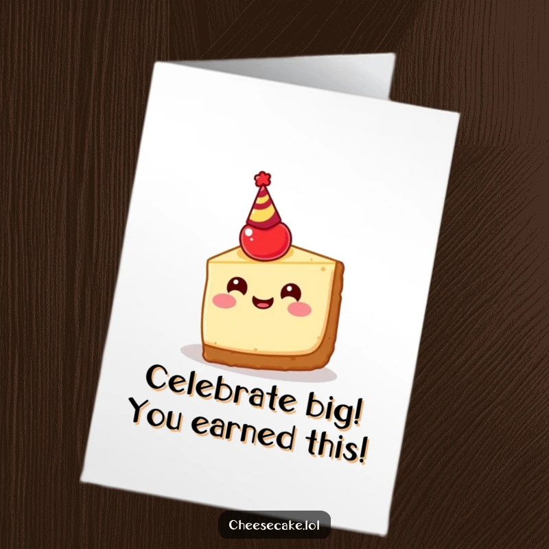 Funny free printable congratulations card featuring a happy cheesecake slice with a cherry head and party hat, celebrating a win.