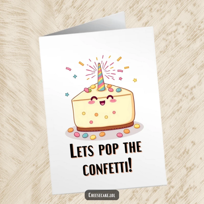 Funny Free Printable Congratulations Card: A cheesecake slice revels in a shower of candy from a celebratory party popper.