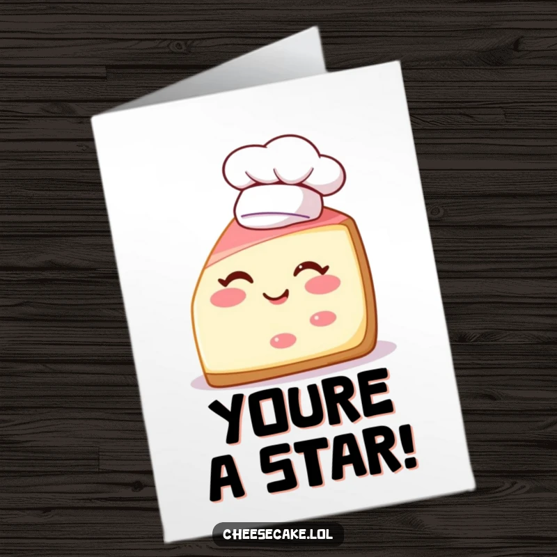 Funny Free Printable Congratulations Card: Cheerful cheesecake slice wearing chef hat winks playfully.