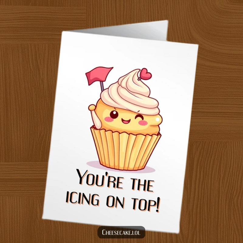Funny Free Printable Congratulations Card: A delighted cupcake with frosting askew triumphantly waves a tiny flag.