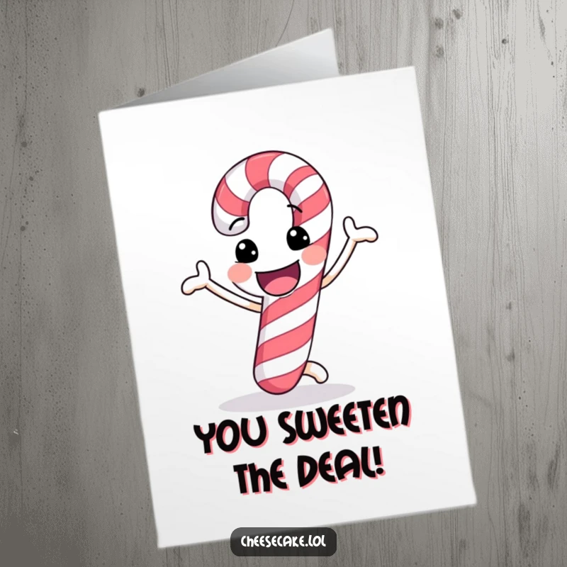 Funny Free Printable Congratulations Card: Candy cane with a cheerful grin doing a funny dance, expressing celebration.