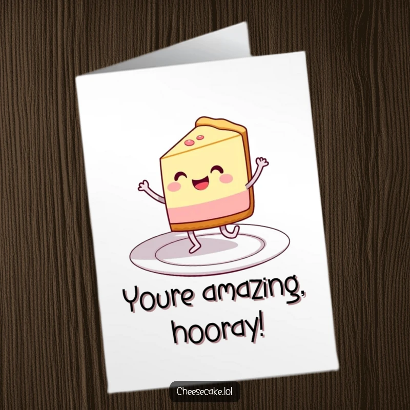 Funny Free Printable Congratulations Card: Grinning cheesecake slice with legs happily dances on a plate.