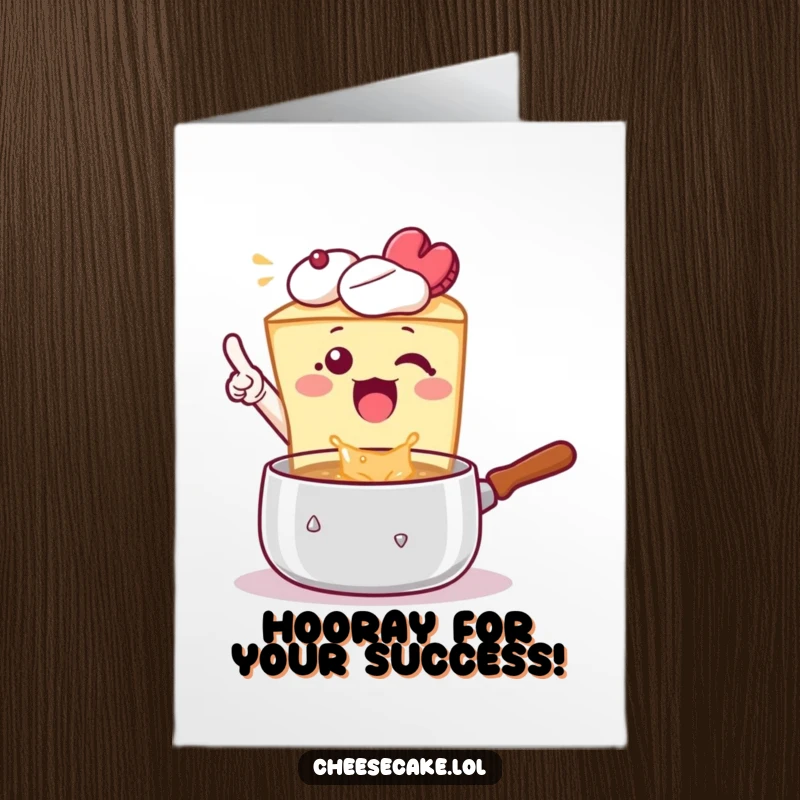 Funny Free Printable Congratulations Card: An animated cheesecake excitedly points at a pot filled with magical bubbles.