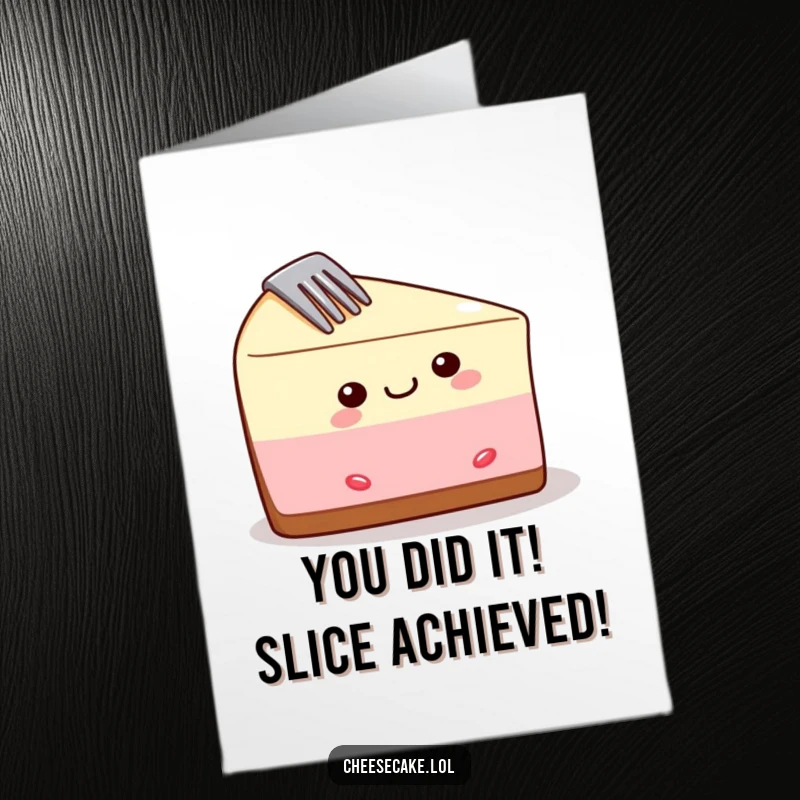 Funny Free Printable Congrats Card: A delighted cheesecake slice with a fork stuck in its side, celebrating success.