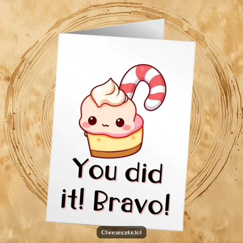 Funny Free Printable Congratulations Card: A cheesecake peeking playfully from behind a giant candy cane, ready to surprise.