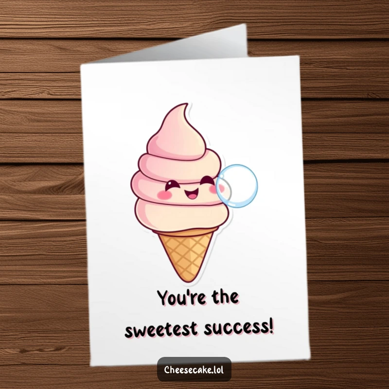 Funny Free Printable Congratulations Card: A smiling ice cream cone blowing a large bubble, celebrating success.