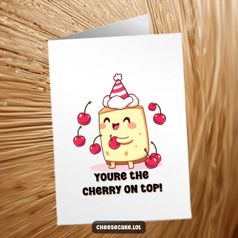 Funny Free Printable Congratulations Card showing a cheesecake in a party hat, expertly juggling tiny cherries.