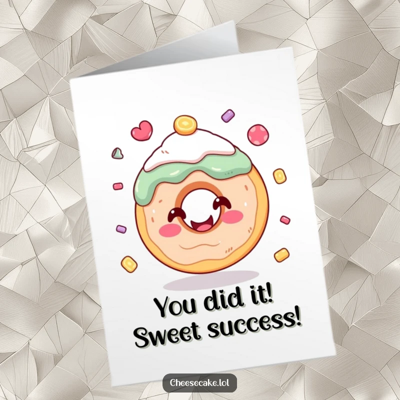 Funny Free Printable Congratulations Card: A smiling donut expertly juggling candy, celebrating success with a cheerful, playful spirit.