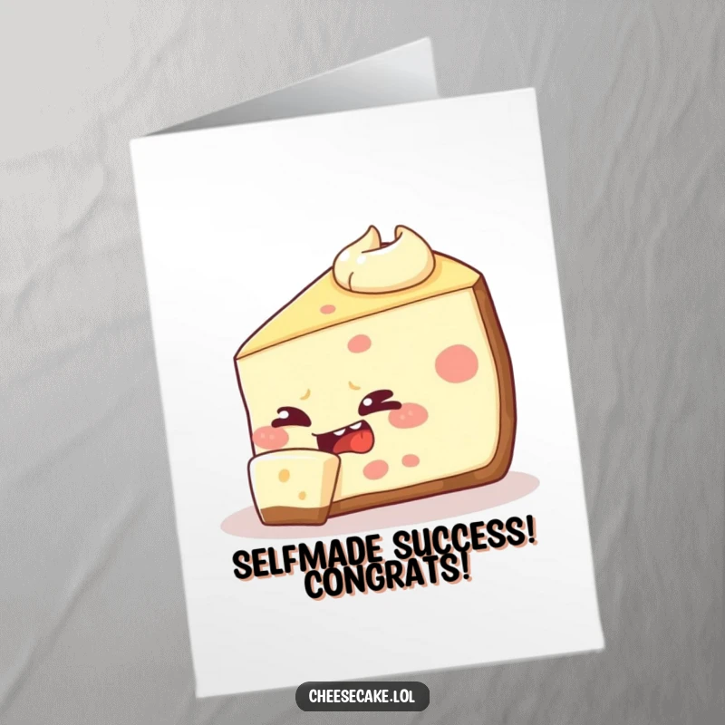Funny free printable congratulations card depicting a sneaky cheesecake slice attempting to take a bite out of itself.