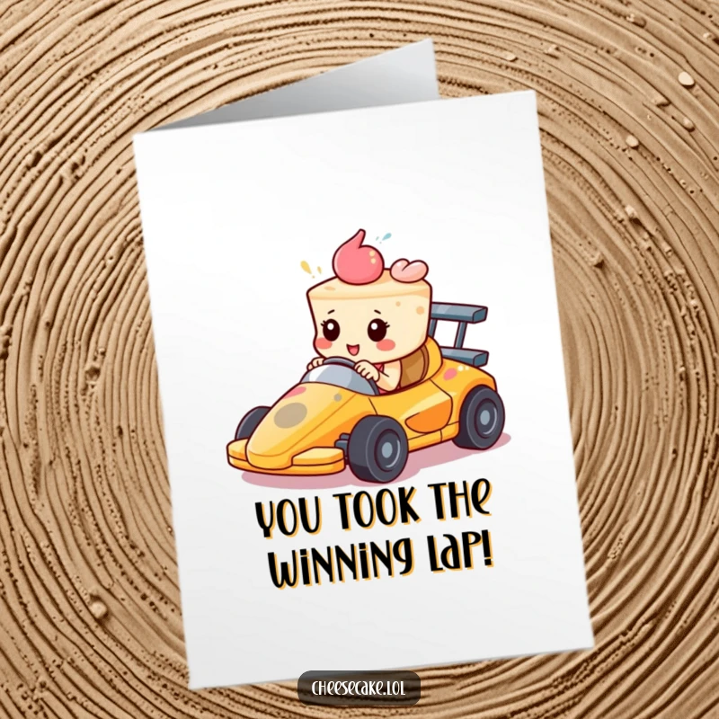 Funny Free Printable Congratulations Card: A determined cheesecake in a race car, speeding towards success, a downloadable winner.
