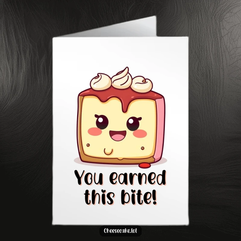 Funny Free Printable Congrats Card: A happy cheesecake character biting into its own delicious self, celebrating.