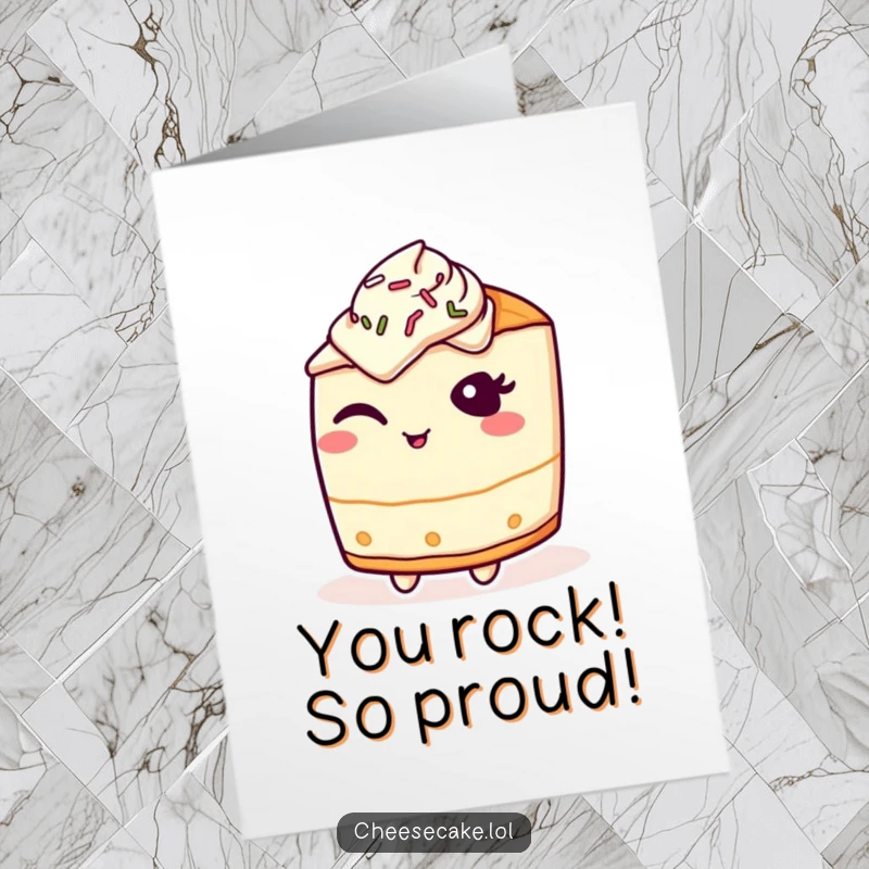 Funny Free Printable Congratulations Card: A cheesecake character winks playfully, adorned with festive sprinkles.