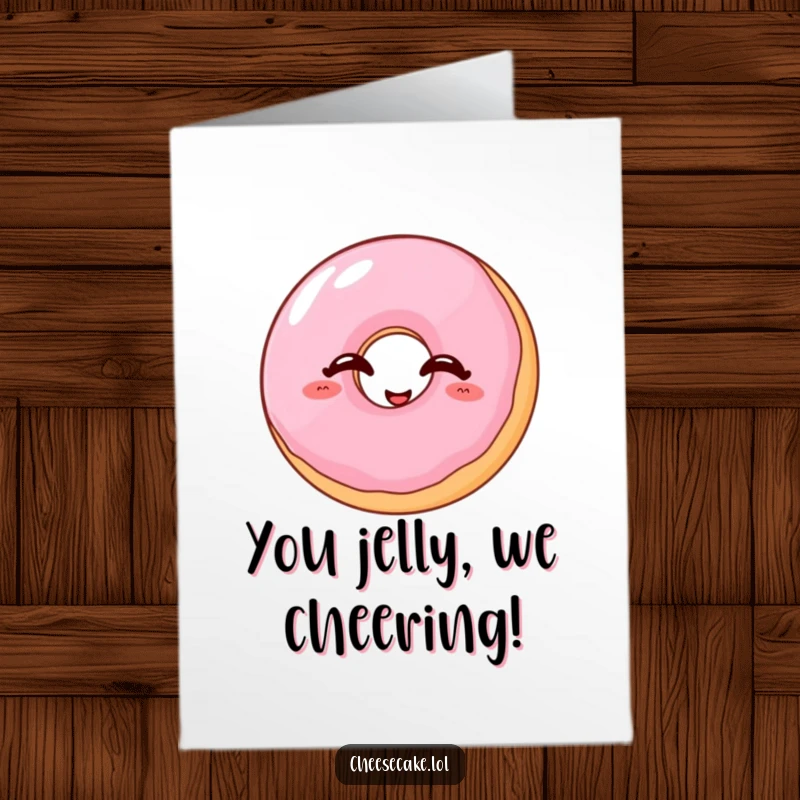 Funny Free Printable Congrats Card: A jelly donut with eyes closed giggles hysterically, celebrating a sweet victory.