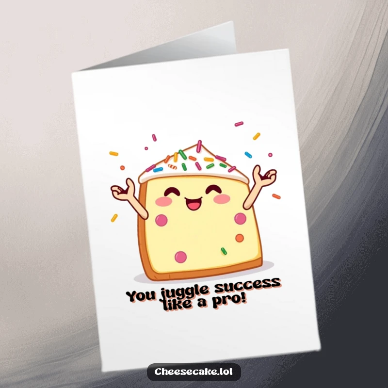 Funny Free Printable Congratulations Card: A happy cheesecake wedge uses its tiny arms to juggle a cascade of colorful sprinkles.