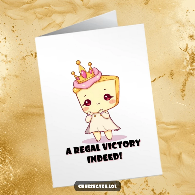 Funny Free Printable Congratulations Card: Elegant cheesecake character wearing a small crown, striking a sophisticated pose to celebrate a grand achievement.
