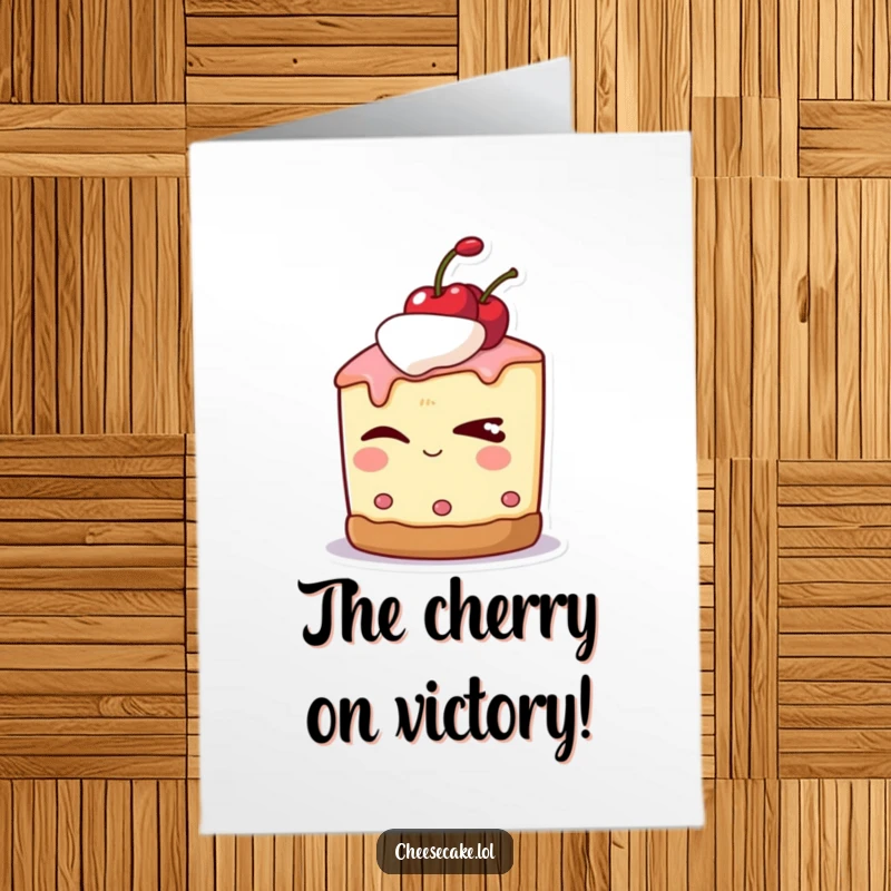 Funny Free Printable Congratulations Card: Cheesecake character with a cherry on top, giving a sly wink, perfect for a witty congratulatory message.