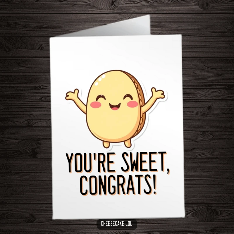 Funny Free Printable congratulations card with a joyful macaron character extending its arms for a warm, welcoming hug.