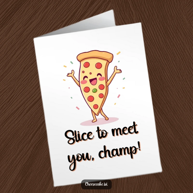 Funny Free Printable Congratulations Card: A proud pizza slice performs a celebratory handstand, scattering confetti for good luck.