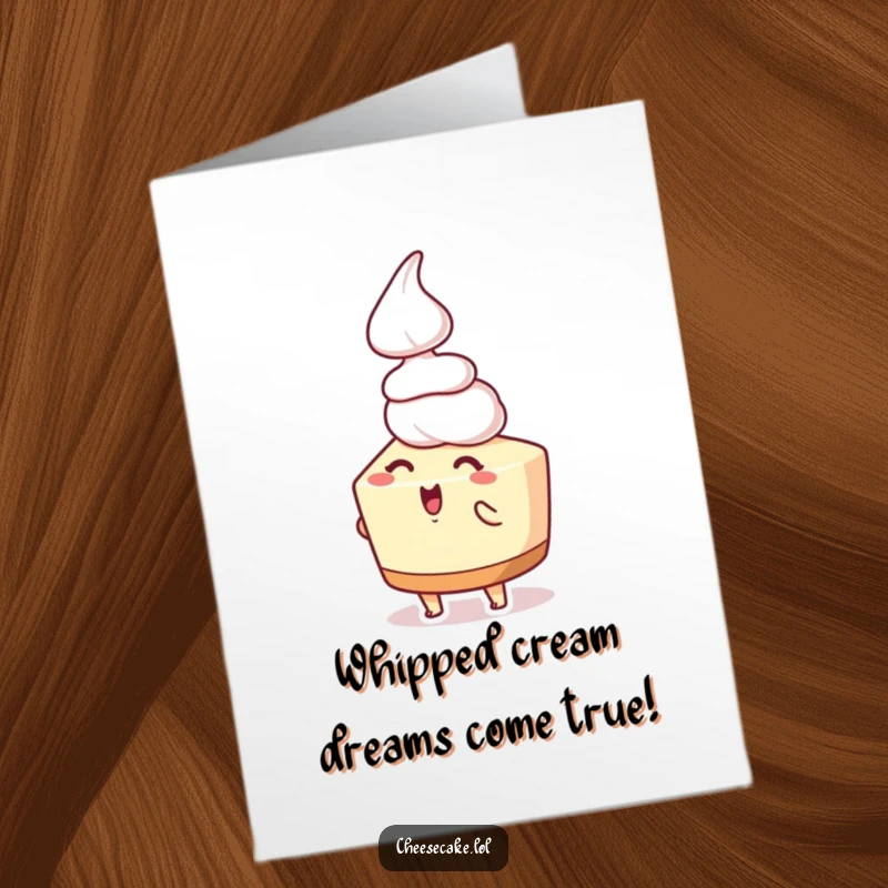Funny Free Printable Congratulations Card: A cheesecake excitedly awaits a falling dollop of whipped cream, celebrating a win.
