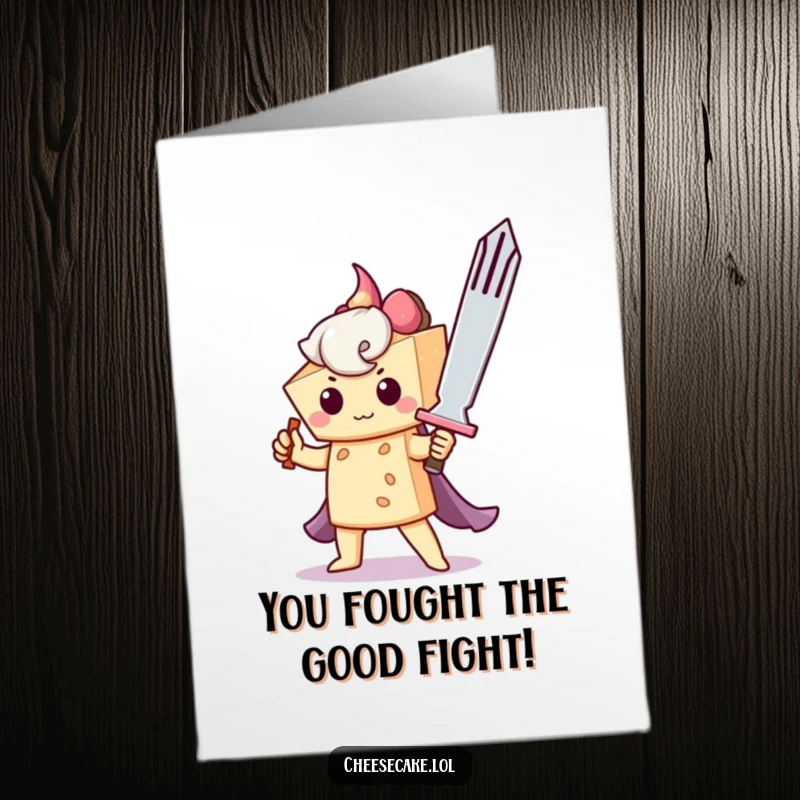 Funny free printable congratulations card of a courageous cheesecake character brandishing a giant fork like a valiant sword, celebrating success.